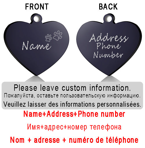 Dog ID Heart Tag Custom Personalized Cat Collar Pendant Engraved Pet
