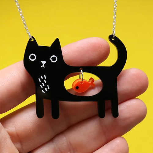 Cute Acrylic Black Cat And Fish Pendant Necklace Kawaii Pet Dog