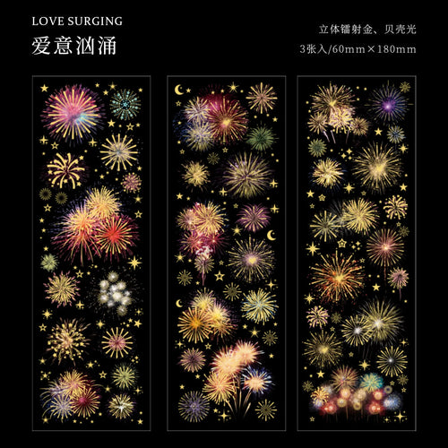 3 Sheets Long fireworks flat PET Stickers Adhesive Diy Stick Labels
