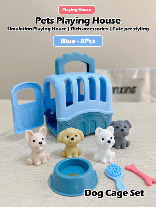 Cute Dog Pet Basket Family Toys Dog Doll Set Dog Cage Toys Scene