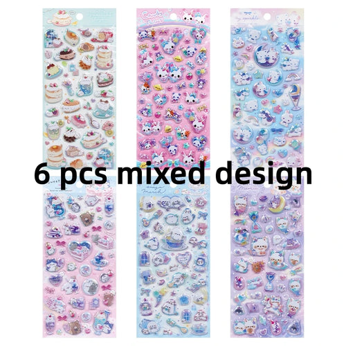 3 pcs/6 pcs Sweet Candy Pets Cat Coffee Cakes Flash Puffy 3D Stickers