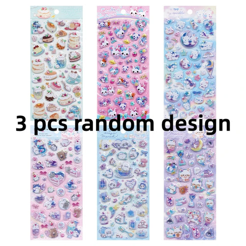 3 pcs/6 pcs Sweet Candy Pets Cat Coffee Cakes Flash Puffy 3D Stickers