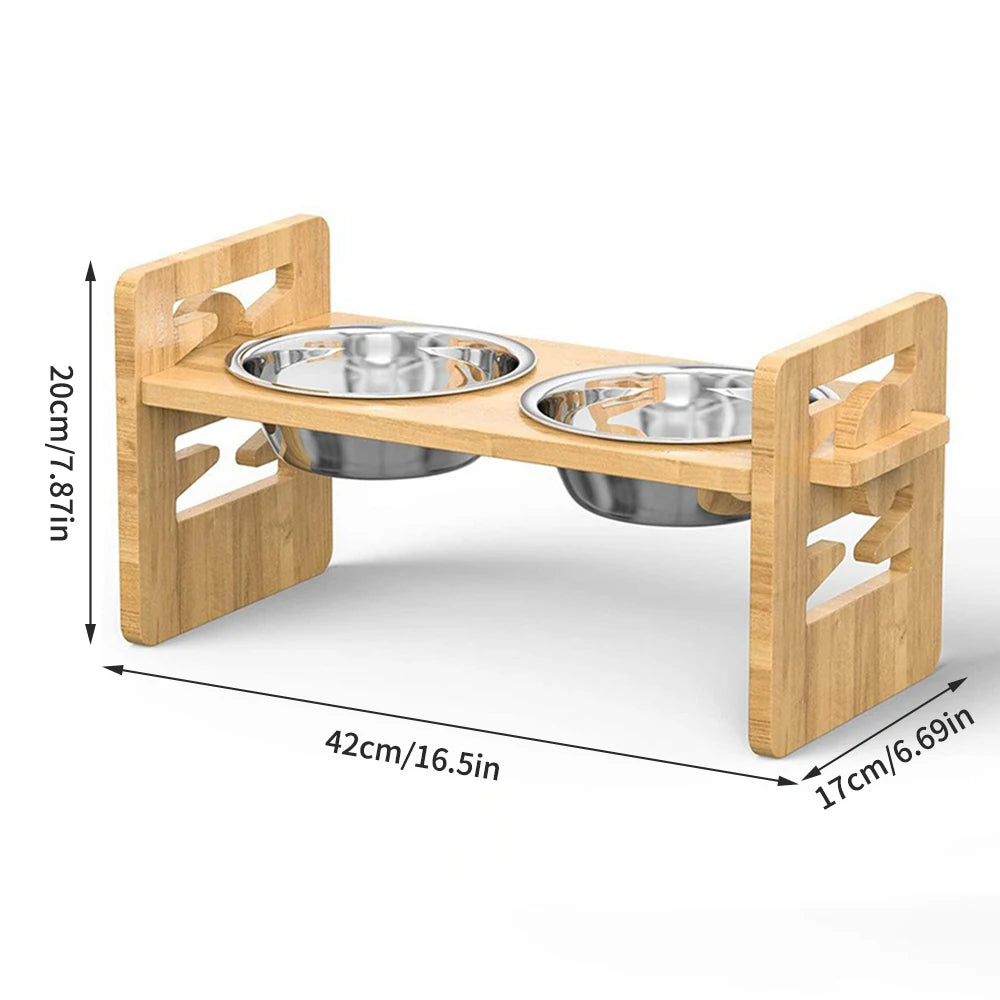 2PCS Bamboo And Wood Adjustable Cat And Dog Feeding Rack Cat Bowl