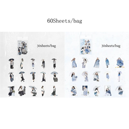 60Pcs/bag Rain Prelude Series PET White Ink Sticker Pack DIY Handbook