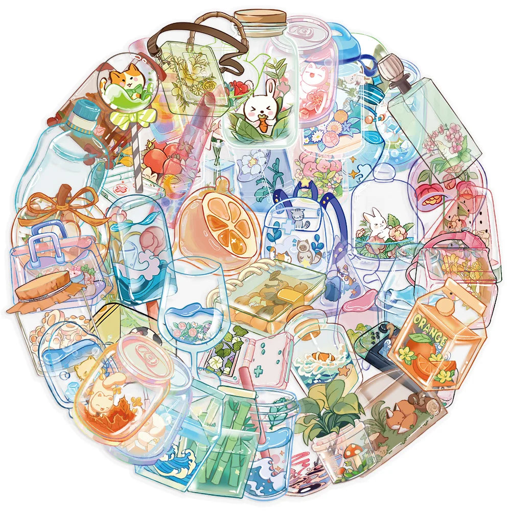 50pcs Cartoon Transparent Item Stickers Cute Transparent Water Cup