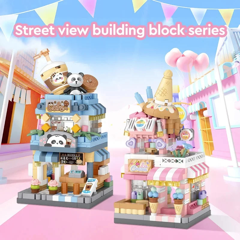 City Street View Building Block Set DIY Ice Cream Coffee Flower Shop