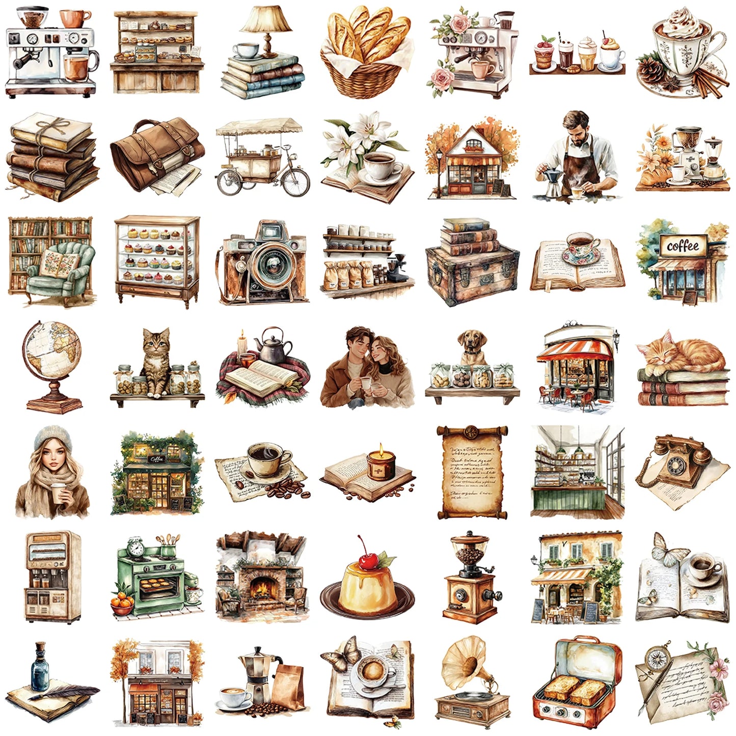 50pcs Retro Coffee Alphabet Theme Clip Stickers Aesthetic Waterproof