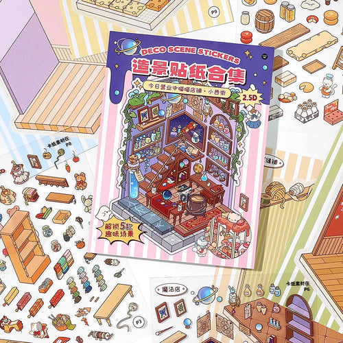 13 Pcs in 1 Book Cartoon 2.8D Landscape Sticker DIY Pocket Cabin Scene