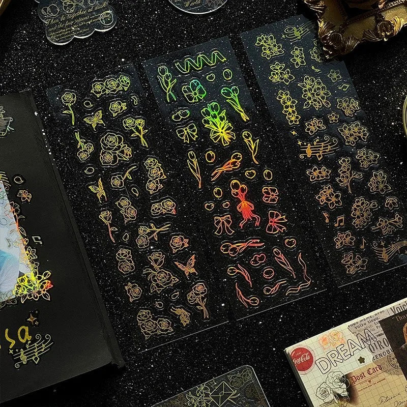 Flowers Scrapbook Stickers Shiny Reflective Laser Border Collage Decorative Material Laser Transparent Waterproof PET Stickers