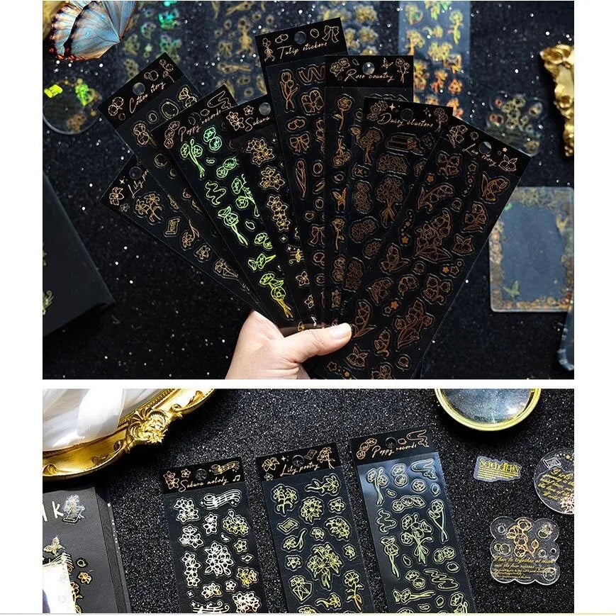Flowers Scrapbook Stickers Shiny Reflective Laser Border Collage Decorative Material Laser Transparent Waterproof PET Stickers