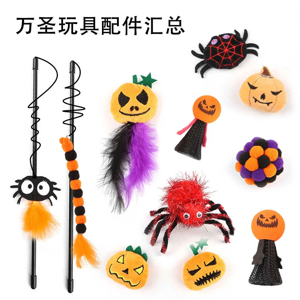 Halloween cat toy accessories various Halloween plush cat toys cat teaser stick pet toy set