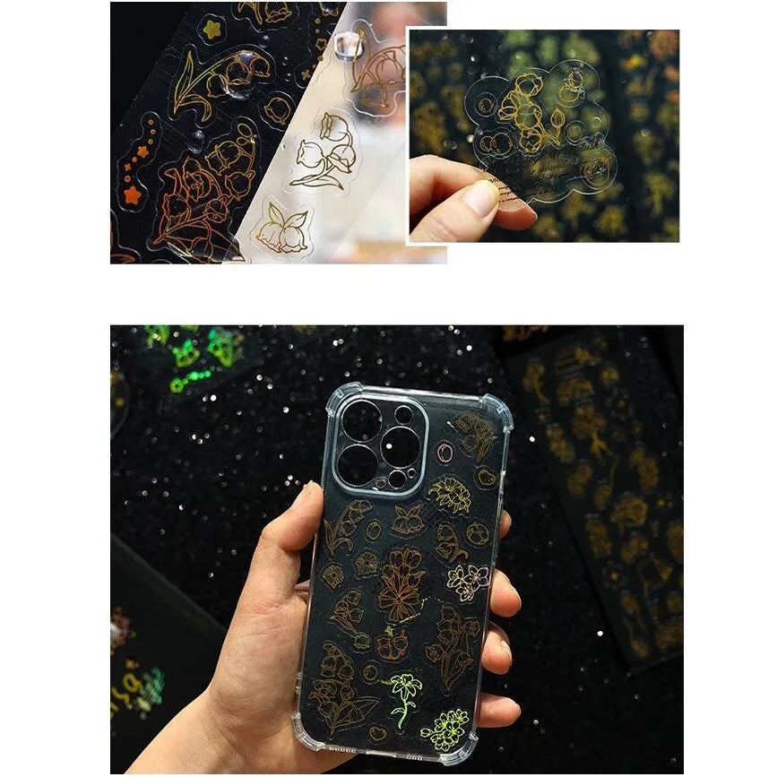 Flowers Scrapbook Stickers Shiny Reflective Laser Border Collage Decorative Material Laser Transparent Waterproof PET Stickers