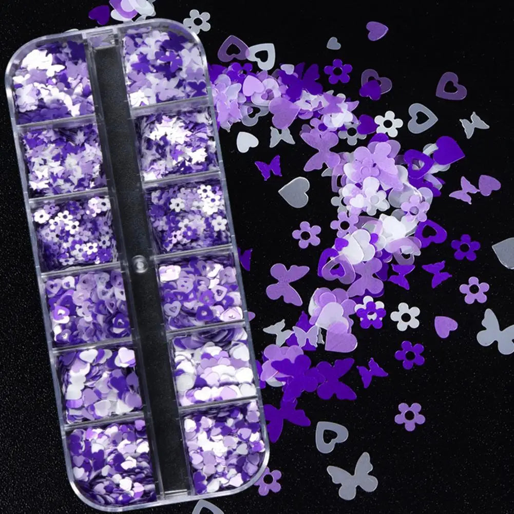 12 Grids Mixed Butterfly Pointed Star Design Nail Glitters Holographic Glitter Sequins Nail Patch DIY Nail Art Decoration