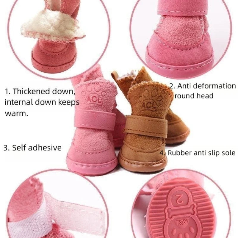 4Pcs Pet Snow Boots Thickened Plush Warm Cotton Non-slip Shoes Small