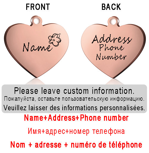 Dog ID Heart Tag Custom Personalized Cat Collar Pendant Engraved Pet