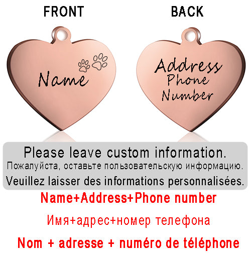 Dog ID Heart Tag Custom Personalized Cat Collar Pendant Engraved Pet