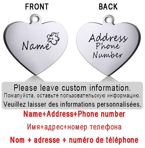 Dog ID Heart Tag Custom Personalized Cat Collar Pendant Engraved Pet