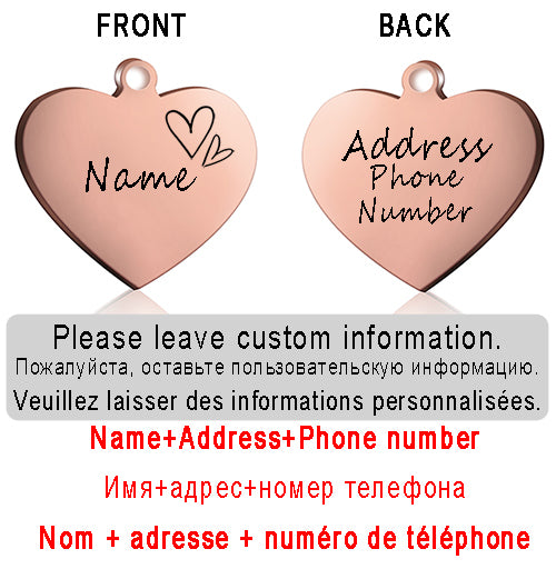 Dog ID Heart Tag Custom Personalized Cat Collar Pendant Engraved Pet