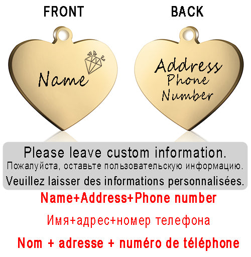 Dog ID Heart Tag Custom Personalized Cat Collar Pendant Engraved Pet