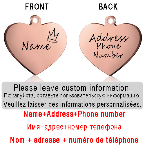 Dog ID Heart Tag Custom Personalized Cat Collar Pendant Engraved Pet