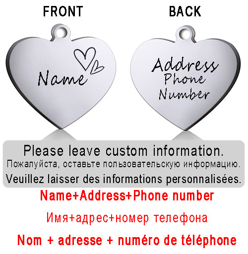 Dog ID Heart Tag Custom Personalized Cat Collar Pendant Engraved Pet