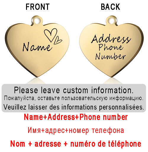 Dog ID Heart Tag Custom Personalized Cat Collar Pendant Engraved Pet