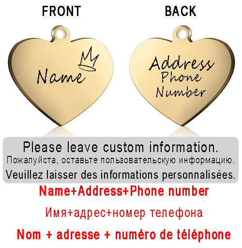 Dog ID Heart Tag Custom Personalized Cat Collar Pendant Engraved Pet