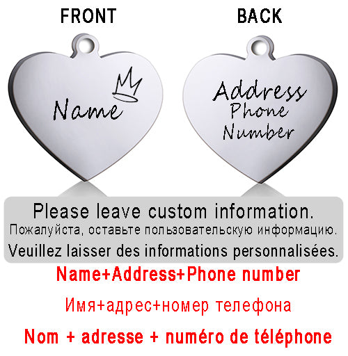 Dog ID Heart Tag Custom Personalized Cat Collar Pendant Engraved Pet