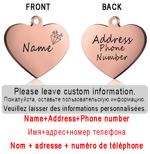 Dog ID Heart Tag Custom Personalized Cat Collar Pendant Engraved Pet