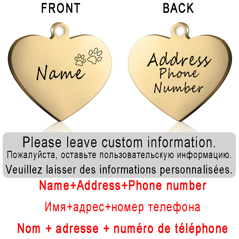 Dog ID Heart Tag Custom Personalized Cat Collar Pendant Engraved Pet