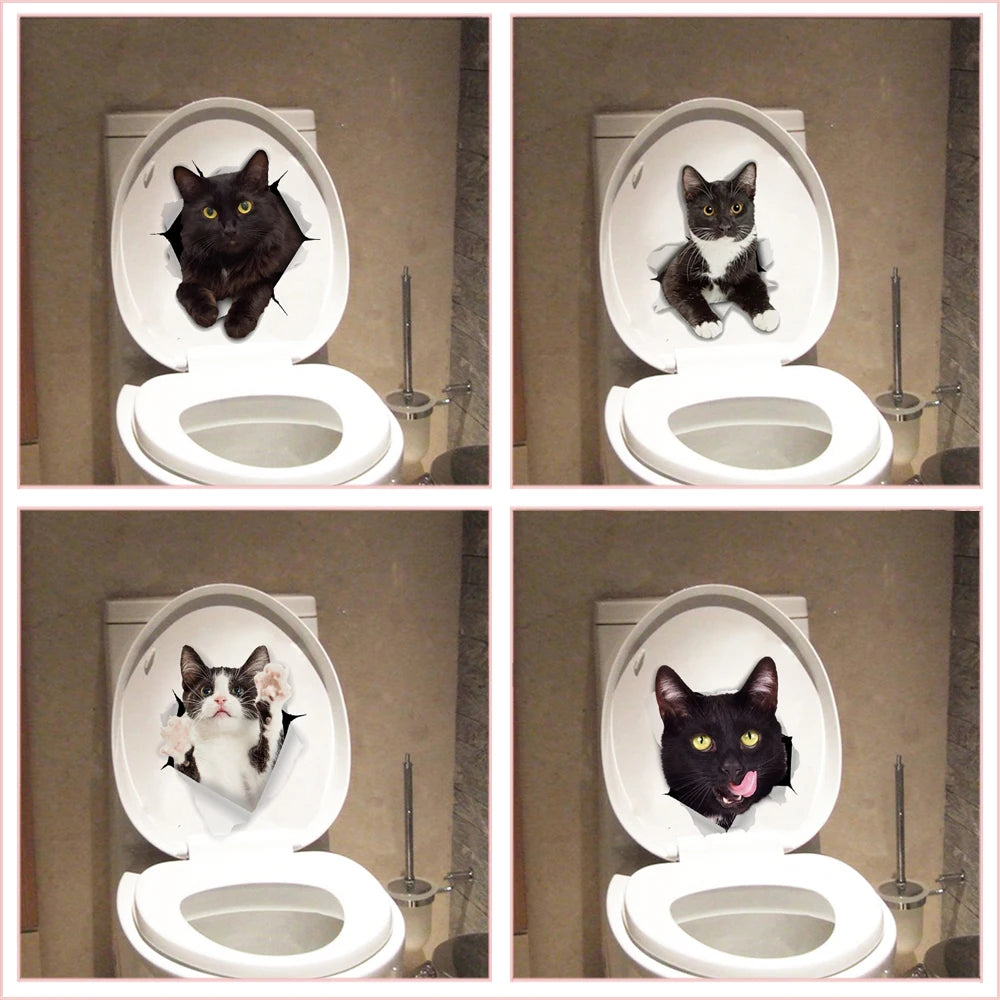 Vivid 3d Hole Funny Cat Dog Toilet Stickers Diy Wc Washroom Home