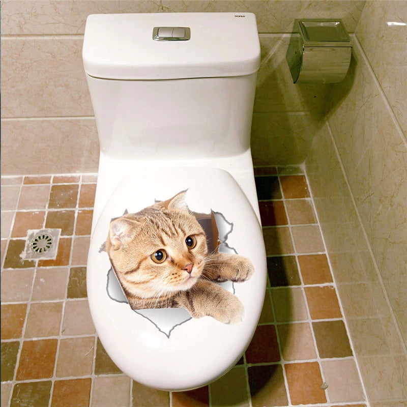 Vivid 3d Hole Funny Cat Dog Toilet Stickers Diy Wc Washroom Home