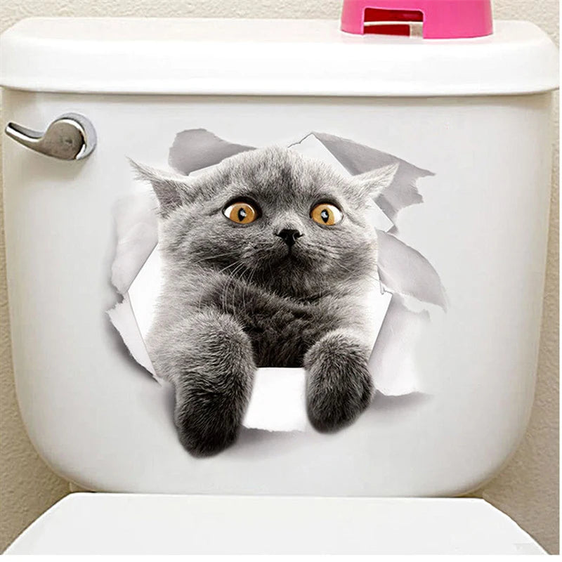 Vivid 3d Hole Funny Cat Dog Toilet Stickers Diy Wc Washroom Home