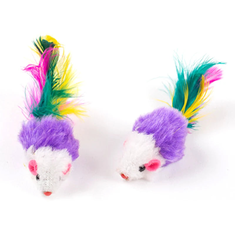 Cute Mini Soft Fleece False Mouse Cat Toys Colorful Feather Funny