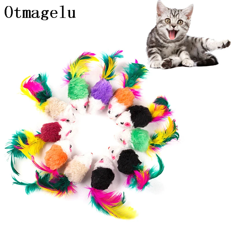 Cute Mini Soft Fleece False Mouse Cat Toys Colorful Feather Funny