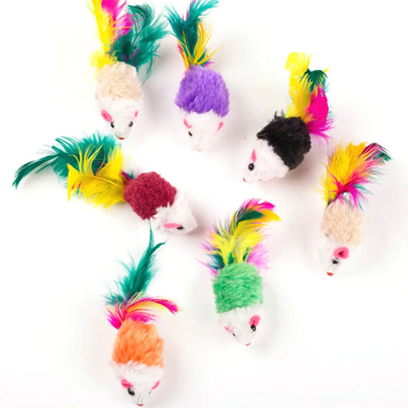 Cute Mini Soft Fleece False Mouse Cat Toys Colorful Feather Funny