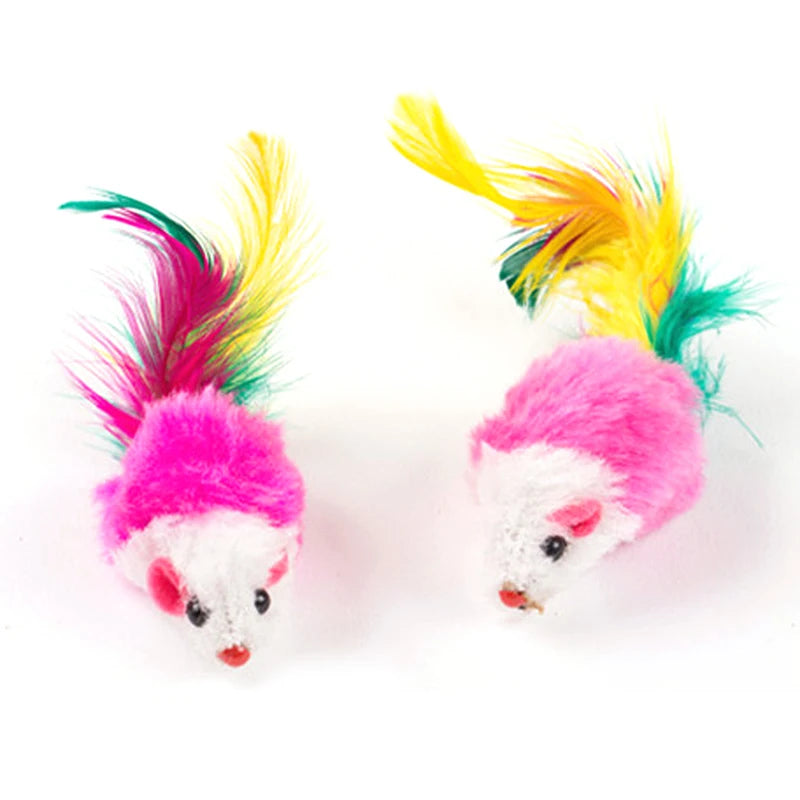 Cute Mini Soft Fleece False Mouse Cat Toys Colorful Feather Funny