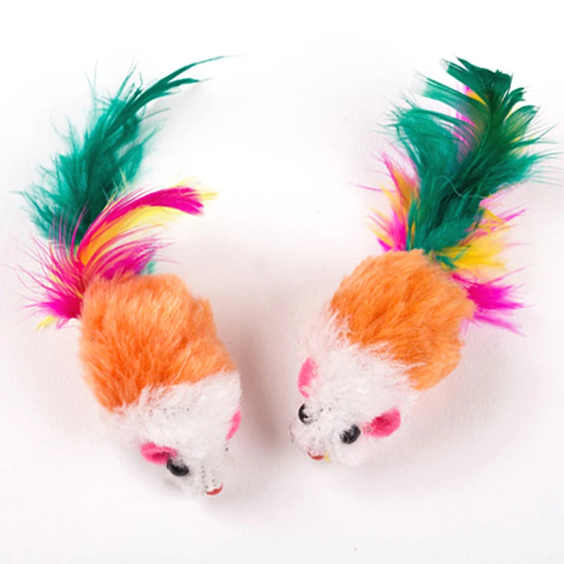 Cute Mini Soft Fleece False Mouse Cat Toys Colorful Feather Funny