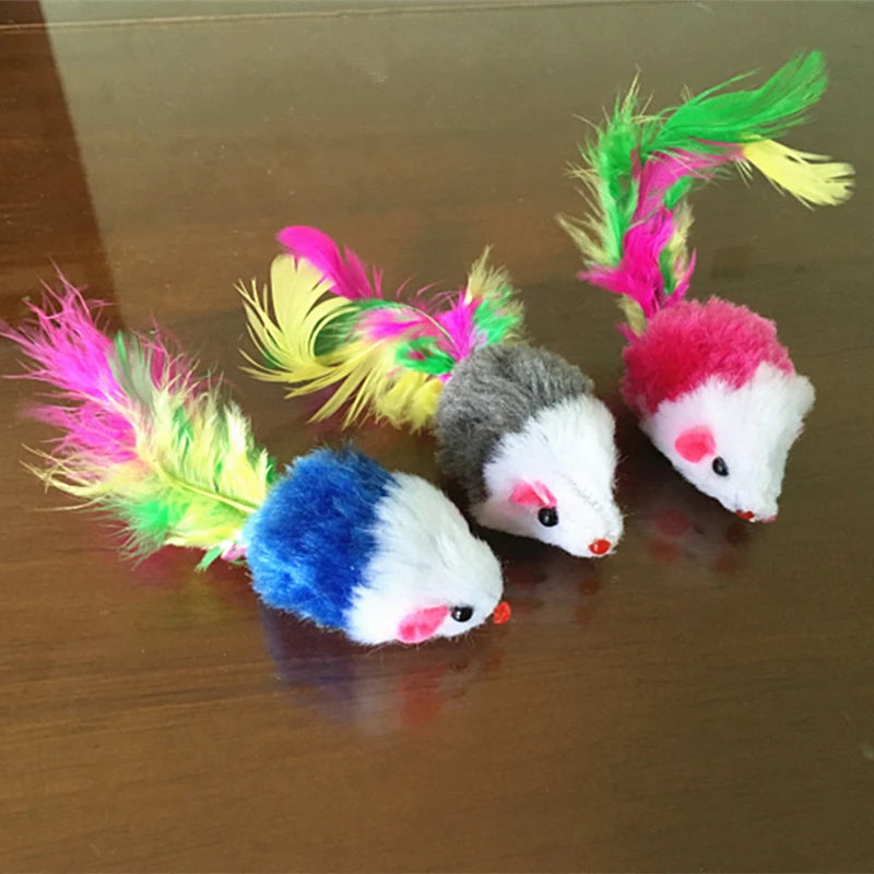 Cute Mini Soft Fleece False Mouse Cat Toys Colorful Feather Funny
