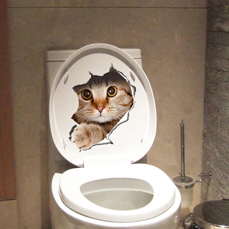 Vivid 3d Hole Funny Cat Dog Toilet Stickers Diy Wc Washroom Home