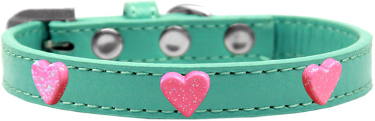 Mirage Pet 631-13 AQ10 Pink Glitter Heart Widget Dog Collar, Aqua