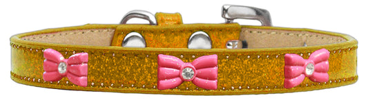 Pink Glitter Bow Widget Ice Cream Dog Collar, Gold - Size 10
