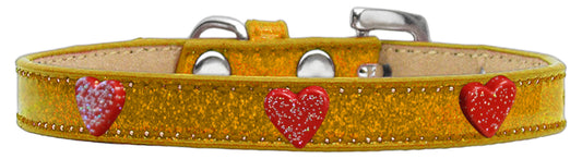 Red Glitter Heart Widget Ice Cream Dog Collar, Gold - Size 10