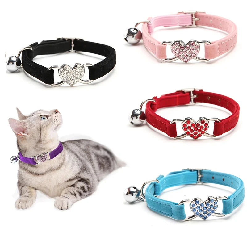 Heart Charm and Bell Cat Collar Safety Elastic Adjustable with Soft