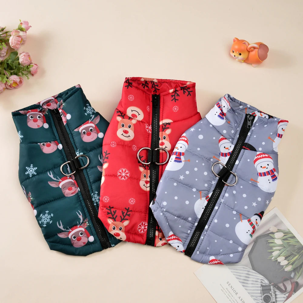 New Year Pet Coat For Christmas Deer Print Dog Jacket With D-ring