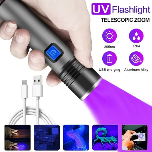 395nm UV Flashlight Blacklight Zoomable USB Rechargeable UV Light