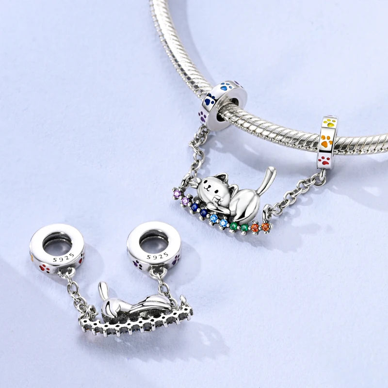 Charms 925 Sterling Silver Dog Cat Paw Print Love Pets Charms Beads