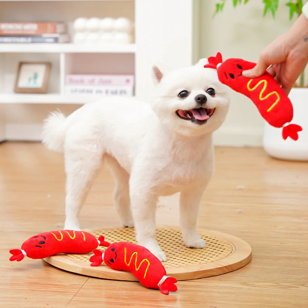 Squeaky Plush Pet Toys: Hot Dog Embroidered Chew Toys for Dogs & Cats,