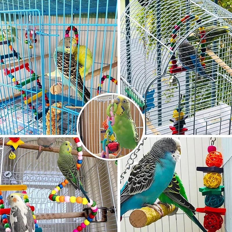 7PCS Bird Toy Wood Parrot Toys Set Cage Bird Accessories Swing