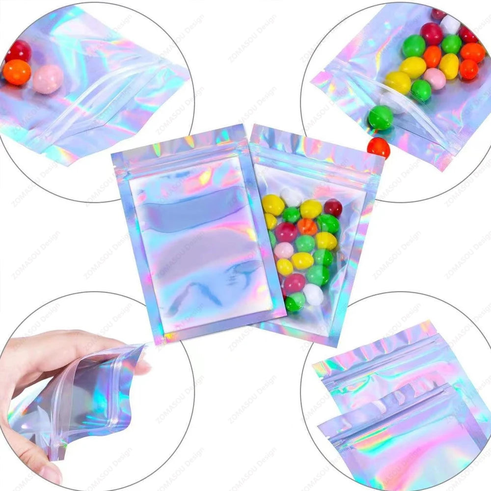 200-1PCS Laser Sealing Bags Color Plastic Holographic Candy Food Pouch